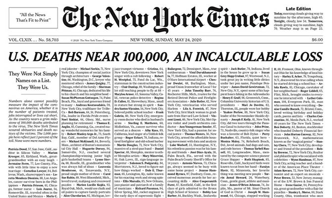 New York Times вышла с именами жертв COVID-19 на первой полосе