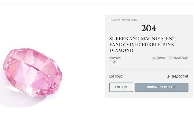 Розовый бриллиант продали на аукционе в Женеве за $26,6 млн